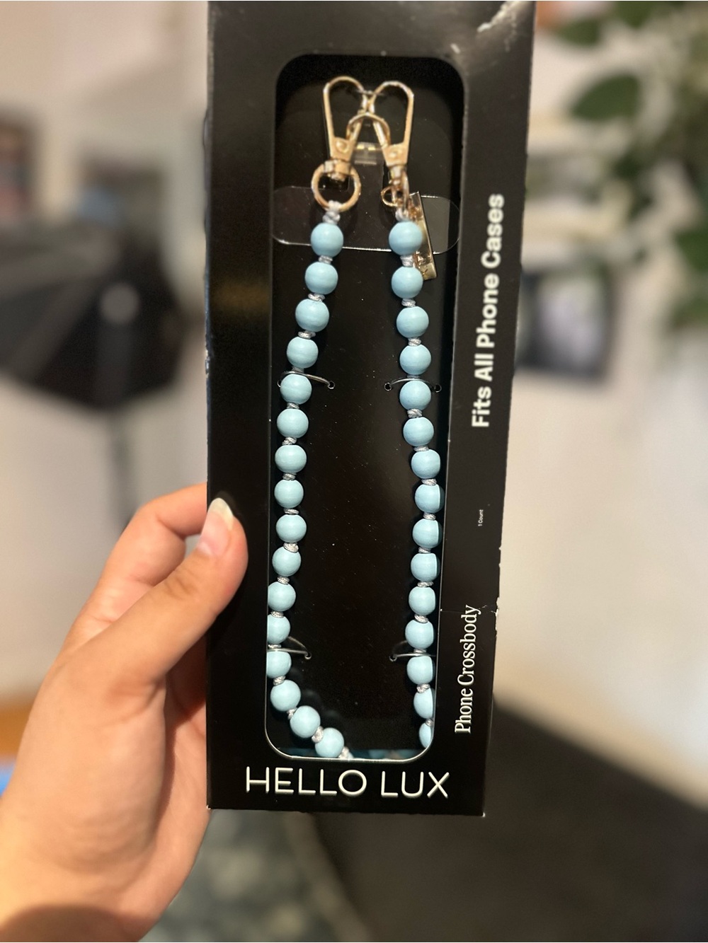 Light Blue Beaded Phone Crossbody Strap with Gold Hardware
